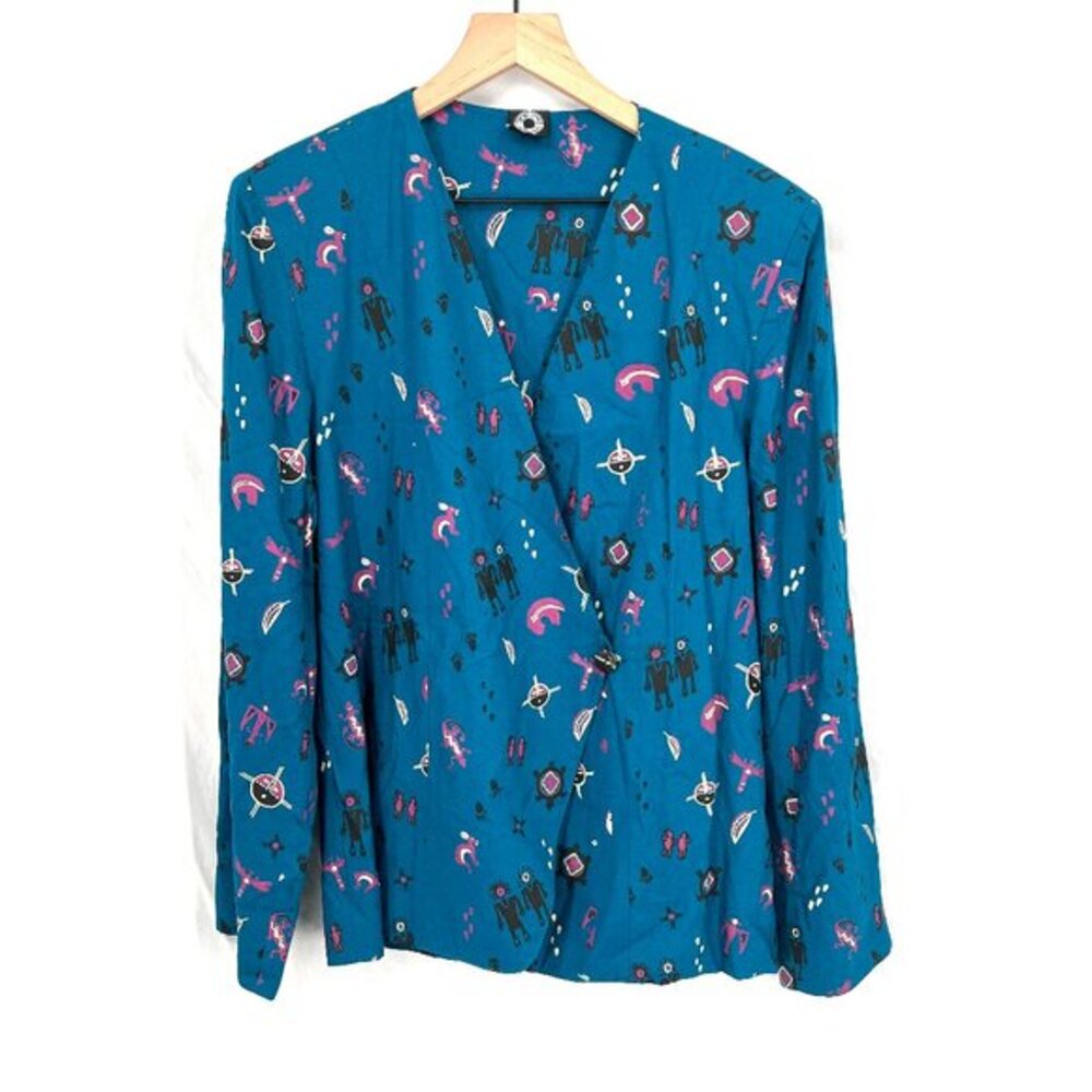 Vintage Kitavi southwest animal rayon blazer jacket blue‎ purple aztec lizard M